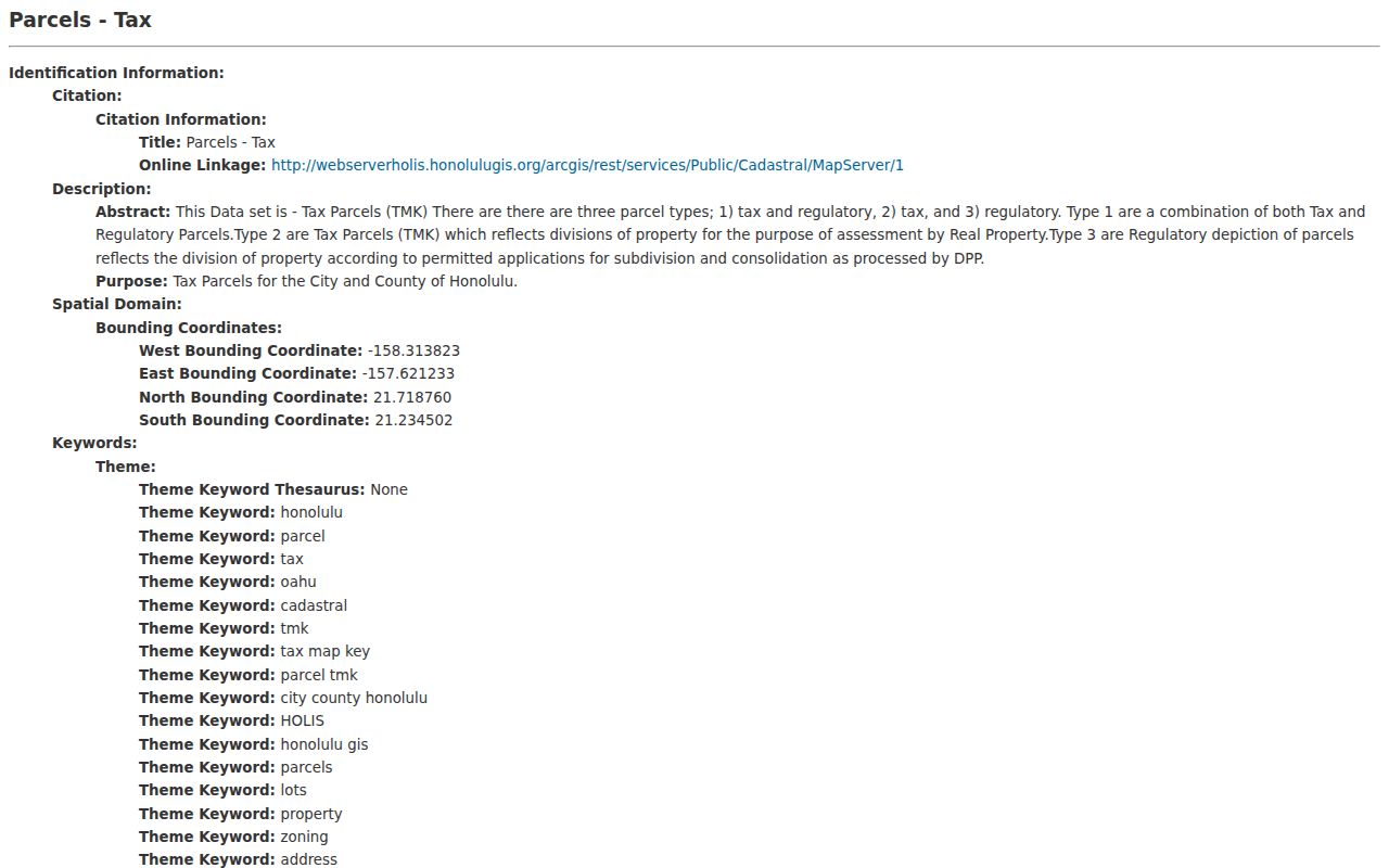 Official HoLIS metadata describing Honolulu tax and regulatory parcel map layers