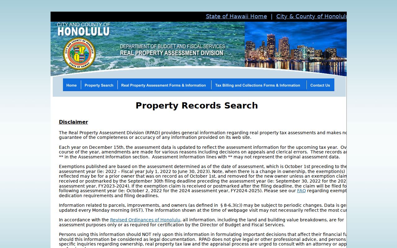 Honolulu qPublic property search disclaimer for parcel and assessment records