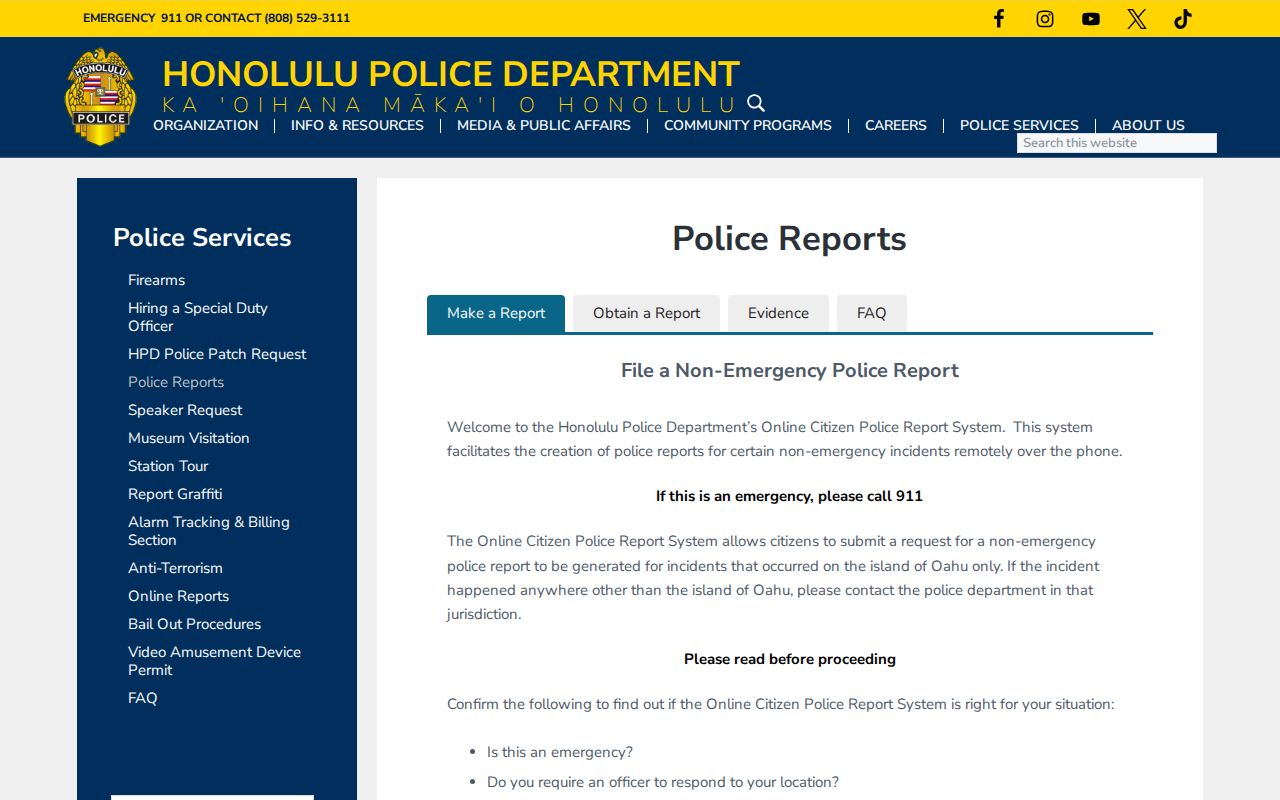 Honolulu Police Department page explaining how to request public police reports