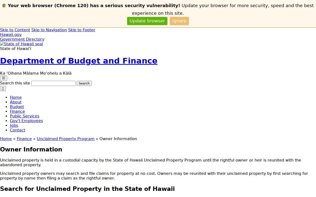 Hawaii Unclaimed Property owner search information for a Honolulu resident lookup