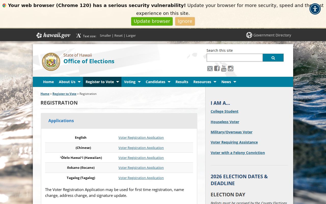 Hawaii Office of Elections registration page with residence city and ZIP address guidance