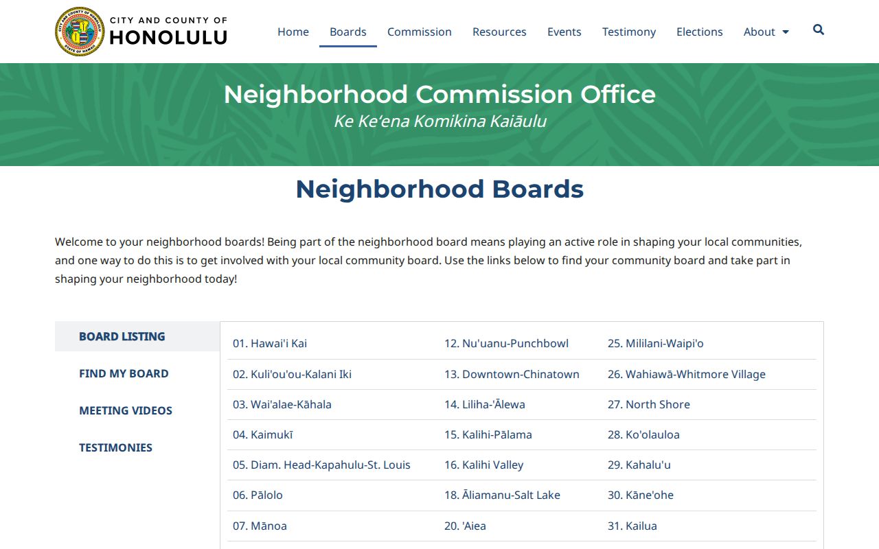 Honolulu Neighborhood Commission Office page listing Oahu Neighborhood Boards and civic districts